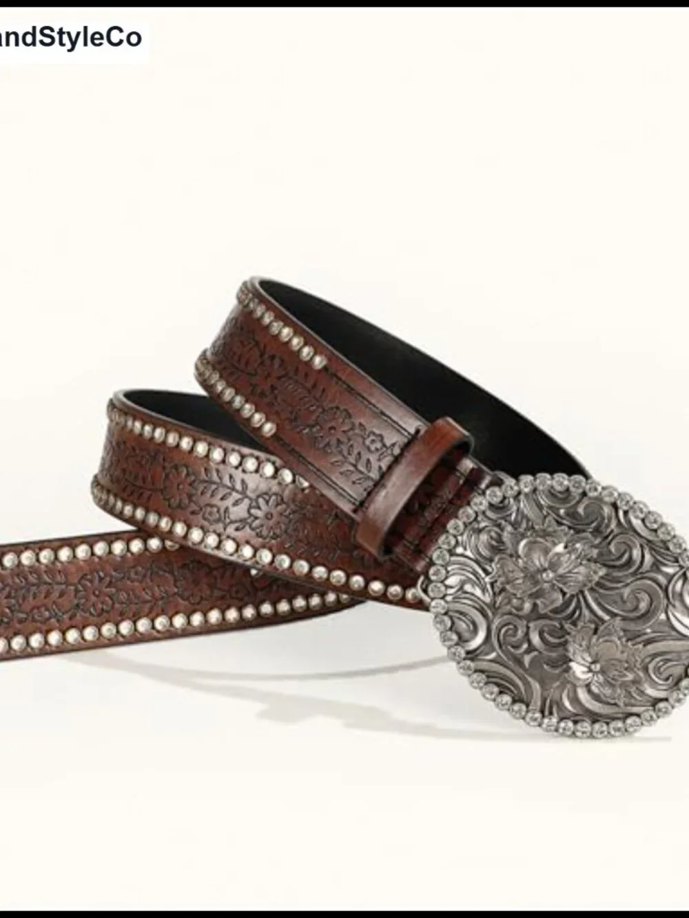 Western Cowboy Leather Belt with Rhinestone Oval Buckle for Women - Embossed PU